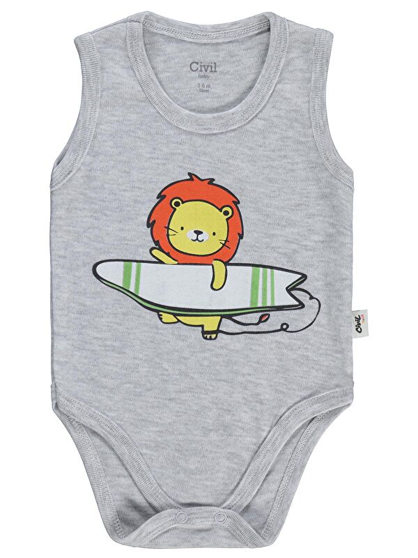 Civil Baby Aslan Baskılı 0-3 Yaş Çıtçıtlı Badi - Gri 18-24 Ay