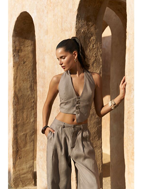 Bohemai Lvdovila Füme Keten Crop Yelek Pantolon Takım