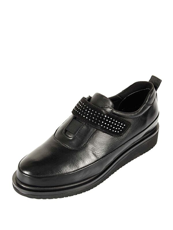 SİYAH Hakiki Deri Yuvarlak Burun Dolgu Taban Taş Detaylı Kadın Ayakkabı 24145 - Görsel 9