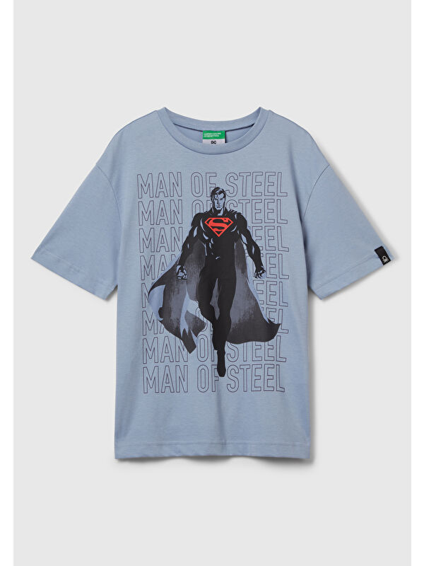 United Colors Of Benetton Erkek Çocuk Mavi Superman Baskılı Logo Etiketli T-shirt