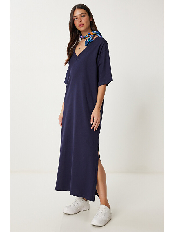 Happiness İstanbul Oversize Basic Yazlık Esnek Örme Elbise LACİVERT LUB0113