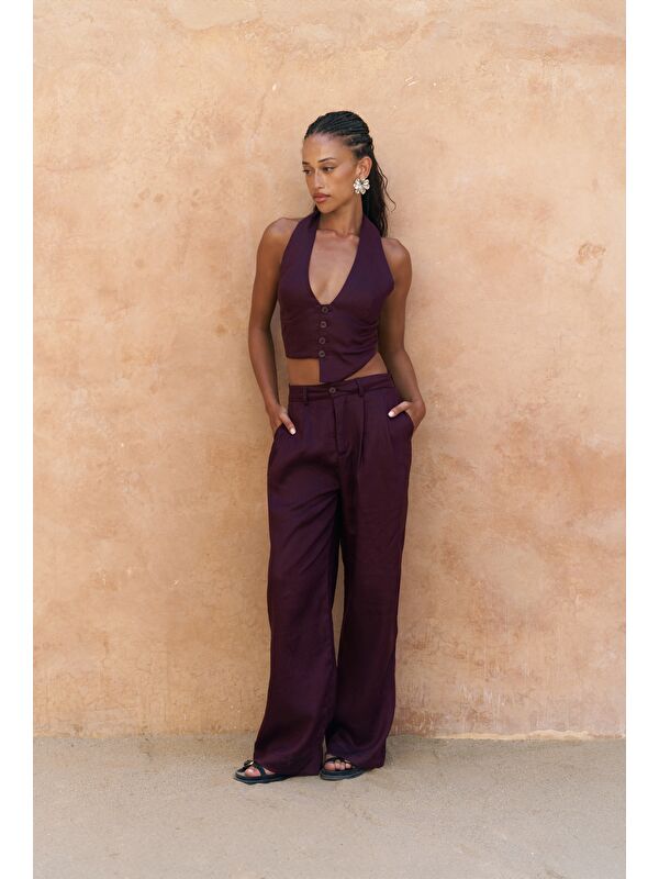 Bohemai Lvdovila Bordo Keten Crop Yelek Pantolon Takım