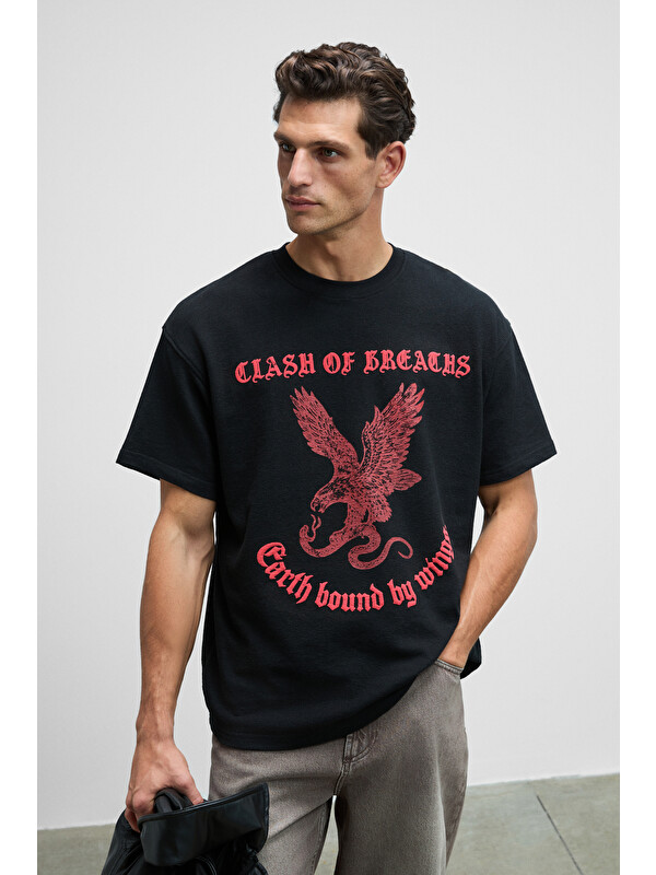 GRIMELANGE GUSI Erkek Önü Kabaran Baskılı %100 Organik Pamuk Oversize Fit Bisiklet Yaka SİYAH T-Shirt