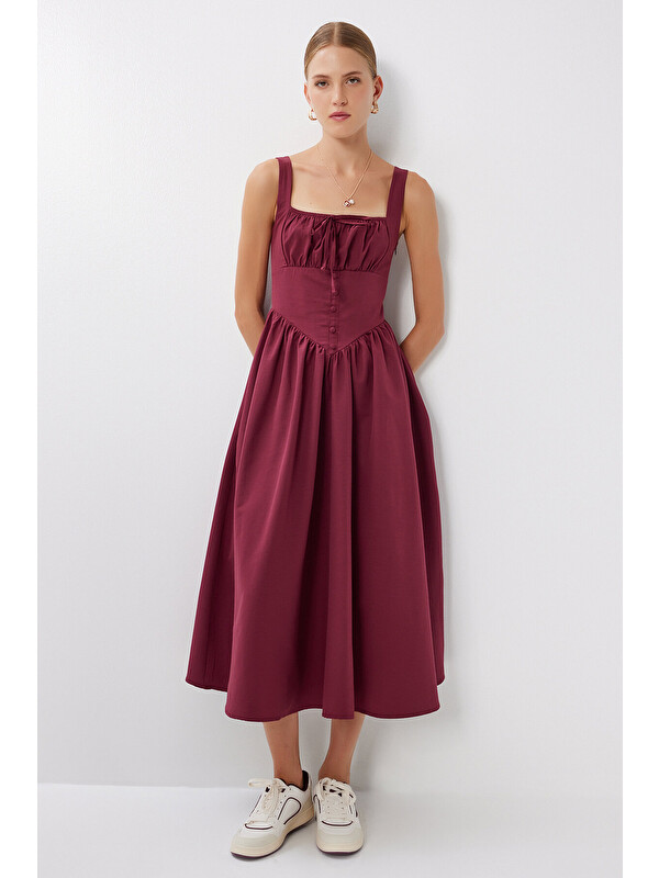 Happiness İstanbul Korse Görünümlü Poplin Midi Elbise BORDO LUB0224
