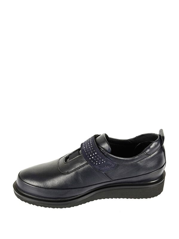 LACİVERT Hakiki Deri Yuvarlak Burun Dolgu Taban Taş Detaylı Kadın Ayakkabı 24145 - Görsel 7