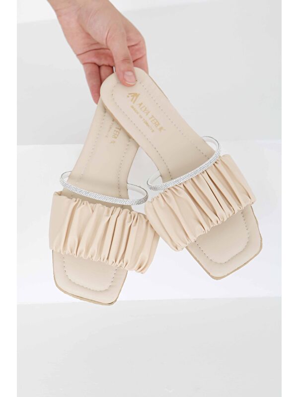 Kadın Krem Taşlı Terlik - 27405 - Görsel 6