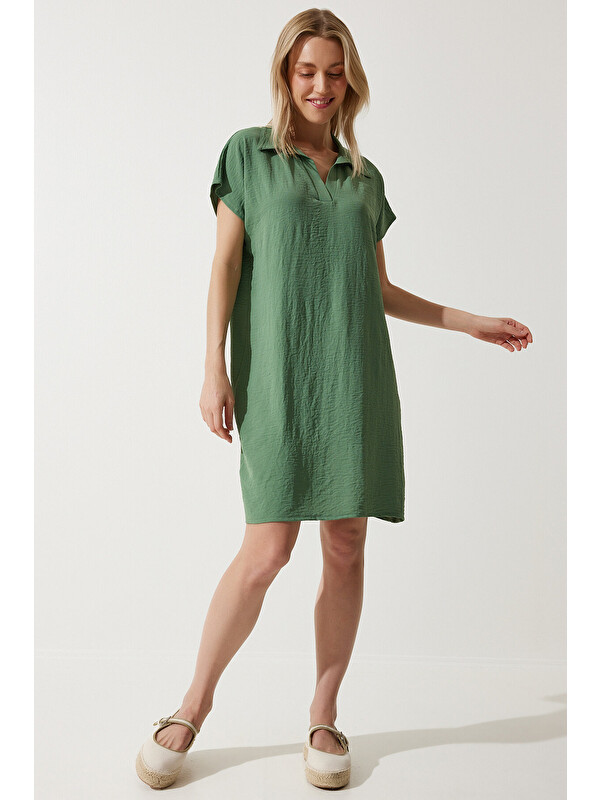 Happiness İstanbul Polo Yaka Yazlık Bol Keten Ayrobin Elbise ÇAĞLA YEŞİLİ LTO0023