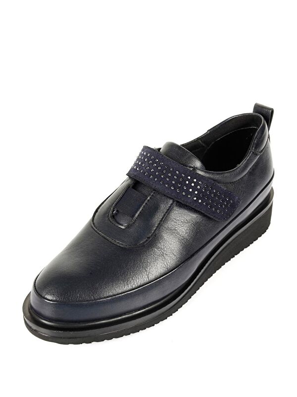 LACİVERT Hakiki Deri Yuvarlak Burun Dolgu Taban Taş Detaylı Kadın Ayakkabı 24145 - Görsel 9