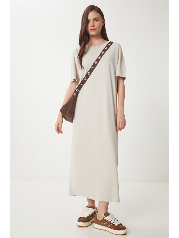 Happiness İstanbul Oversize Basic Yazlık Örme Elbise TAŞ LUB0082