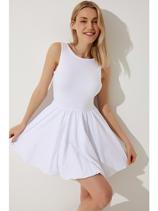 Happiness İstanbul Kolsuz Poplin Balon Elbise BEYAZ LUB0019