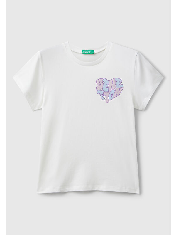 United Colors Of Benetton Kız Çocuk Ekru Parıltılı Logo Baskılı Ribana Yaka Regular Fit T-shirt