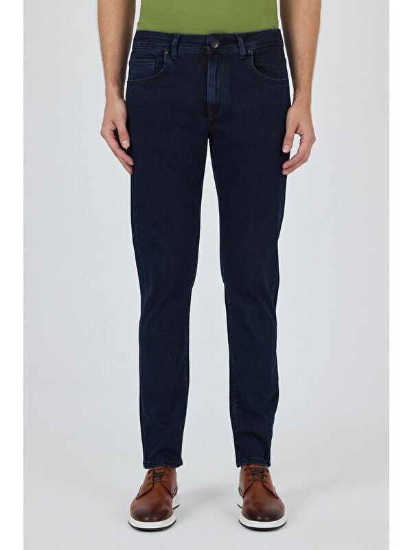 İMZA Koyu Lacivert Gabardin 5 Cep Düz Paça Casual Slim Fit Pamuklu Denim Jean Pantolon 1023250151