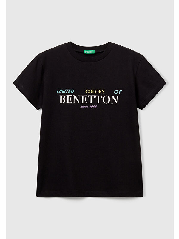 United Colors Of Benetton Erkek Çocuk Siyah Önü Logo Baskılı Bisiklet Yaka T-shirt