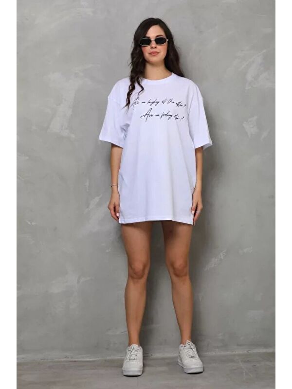 Jane's Unisex Bisiklet Yaka Baskılı Oversize T-Shirt - Beyaz
