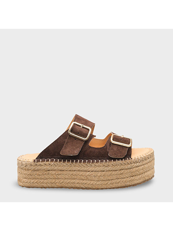 Capone Outfitters Joellyn Hakiki Deri Süet Espadril Tabanlı Kadın Terlik