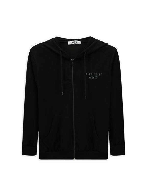 Kiğılı Kapüşonlu Regular Fit   Baskılı Pamuklu Büyük Beden Erkek Fermuarlı Sweatshirt Hırka