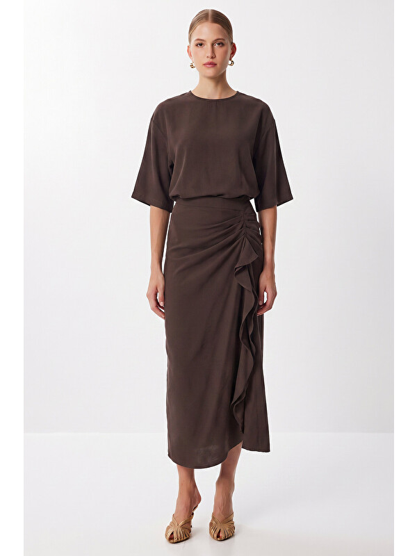 Happiness İstanbul Drapeli Midi Modal Elbise KAHVERENGİ LNT0033