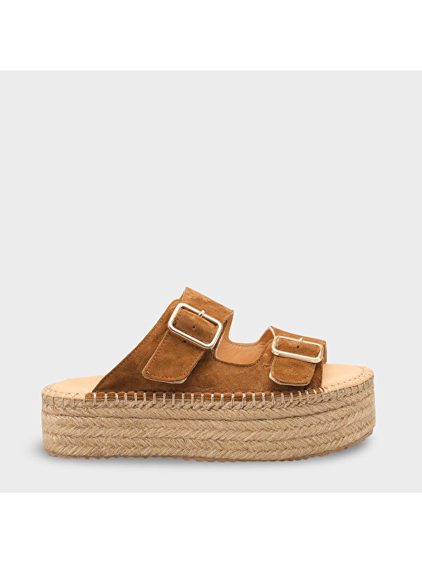 Capone Outfitters Joellyn Hakiki Deri Süet Espadril Tabanlı Kadın Terlik