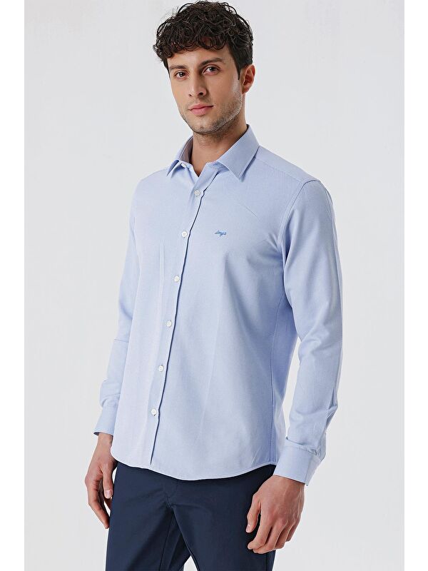 İMZA Mavi Uzun Kollu Armürlü Cepsiz Pamuklu Elastanlı Slim Fit Dar Kesim Gömlek 1004240193