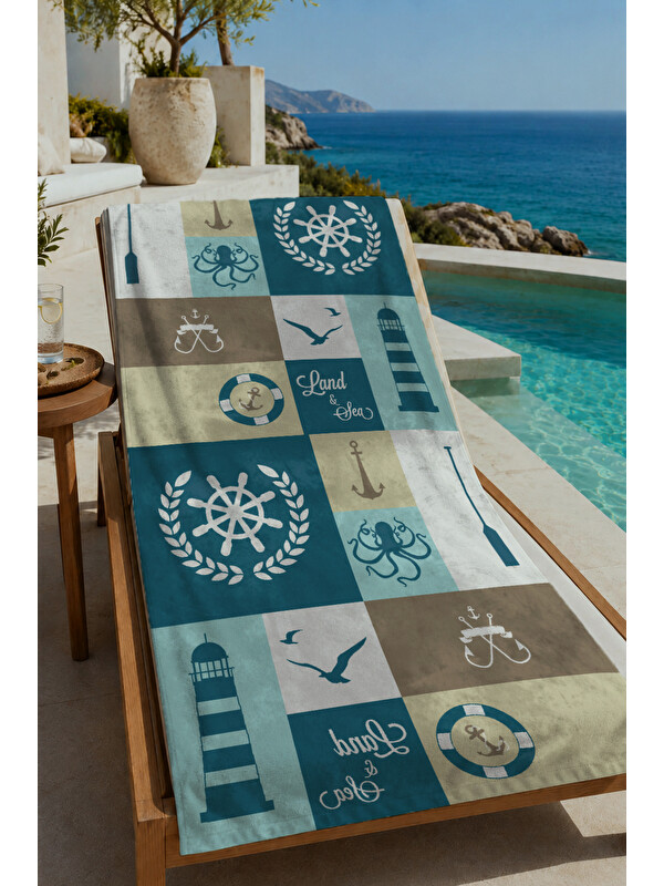 Milbay Grup Lacivert Bej Denizci Patchwork Dümen Fener Desenli 70x150 cm Dijital Baskılı Plaj ve Banyo Havlusu
