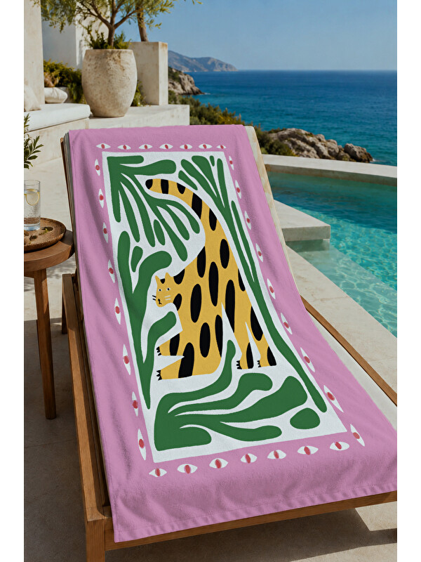 Milbay Grup Pembe Yeşil Leopar ve Tropikal Yaprak Desenli 70x150 cm Dijital Baskılı Plaj ve Banyo Havlusu