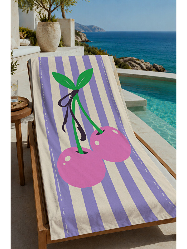 Milbay Grup Milbay Grup Lila Beyaz Çizgili Büyük Kiraz Desenli 70x150 Cm Dijital  Plaj Ve Banyo Havlusu-37360