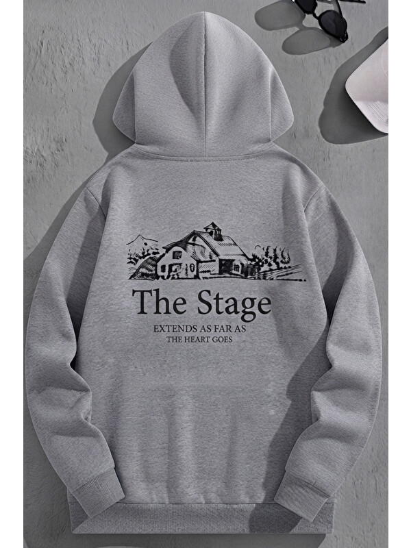 Trendseninle Unisex 3 İplik Pamuklu Gri Bol Kalıp The Stage Baskı Sweatshirt Hoodie