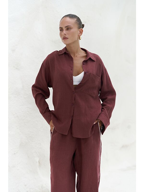 Bohemai Orchidea Oversize Bordo Keten Gömlek Takım