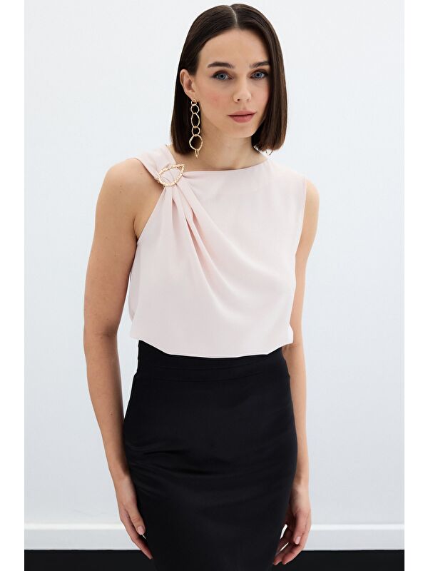 SATEEN Tek Omuz Detaylı Bluz - Pudra