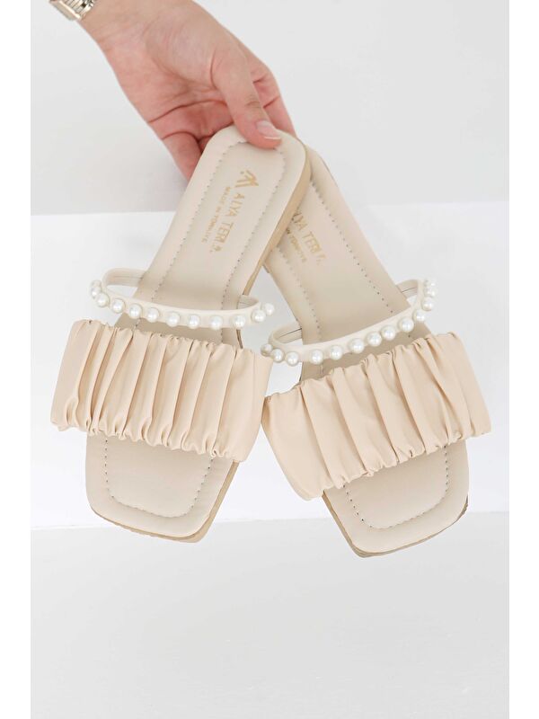 Kadın Krem İncili Terlik - 27399 - Görsel 4