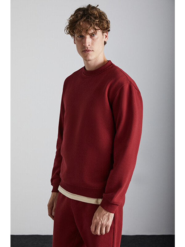 GRIMELANGE TRAVIS Erkek Organik Kumaşlı Yumuşacık Regular Fit Yuvarlak Yakalı BORDO Sweatshirt