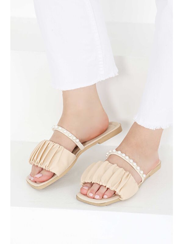 Kadın Krem İncili Terlik - 27399 - Görsel 5