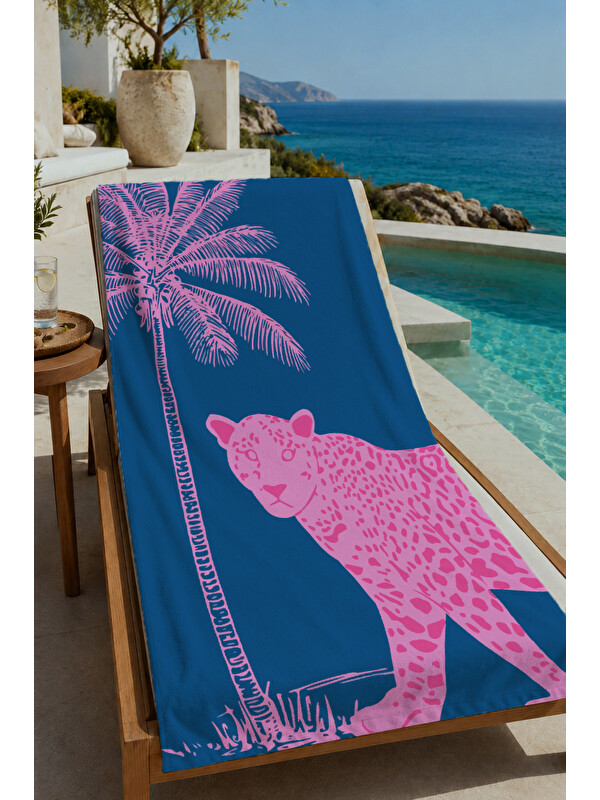 Milbay Grup Lacivert Pembe Palmiye Silüet Desenli 70x150 cm Dijital Baskılı Plaj ve Banyo Havlusu