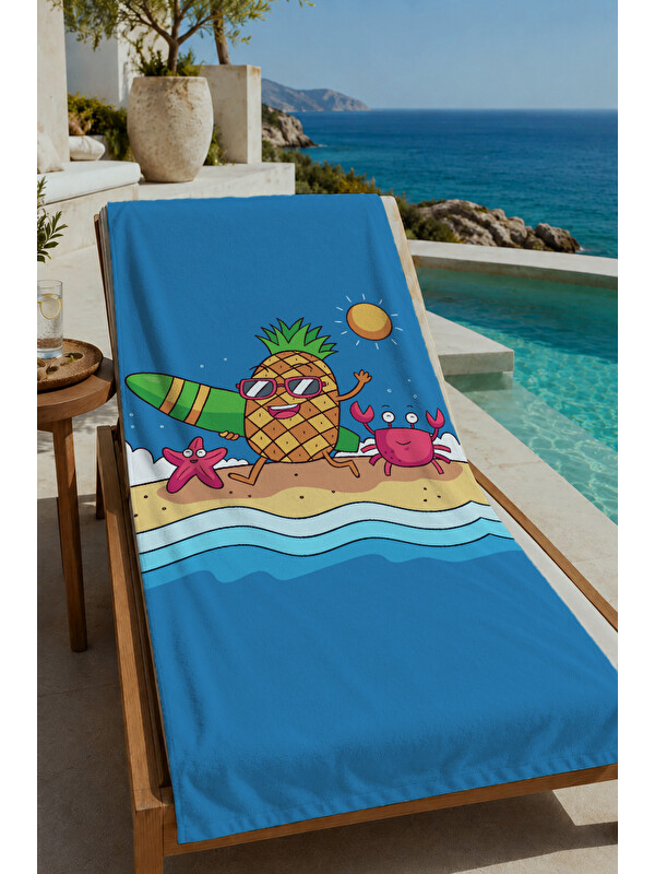 Milbay Grup Mavi Deniz Temalı Gözlüklü Ananas Yengeç ve Deniz 70x150 cm Dijital Baskılı Plaj ve Banyo Havlusu