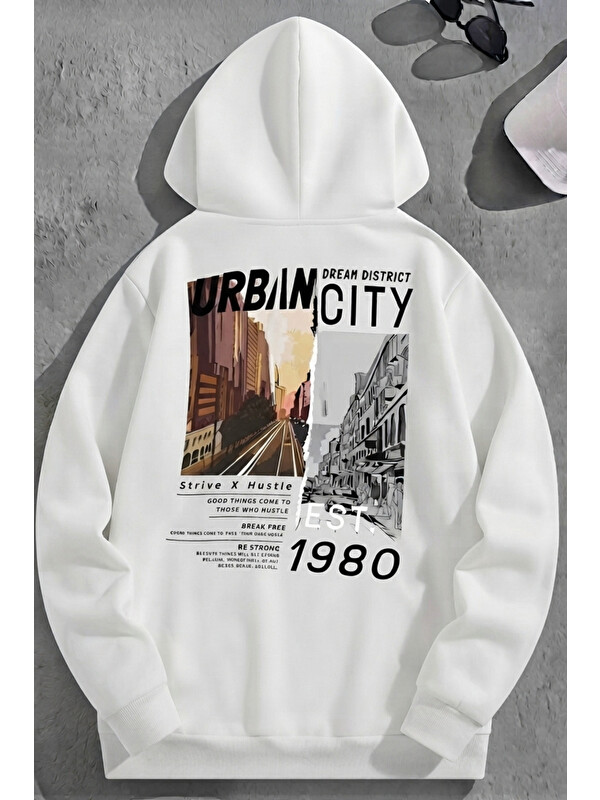 Trendseninle Unisex 3 İplik Pamuklu Beyaz UrbanCity1980 Baskı Bol Kalıp Sweatshirt Hoodie