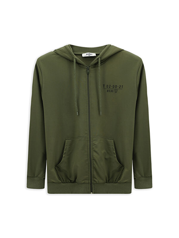 Kiğılı Kapüşonlu Regular Fit   Baskılı Pamuklu Büyük Beden Erkek Fermuarlı Sweatshirt Hırka
