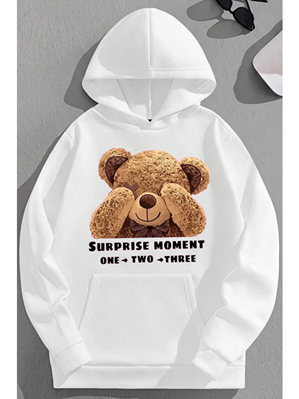 Trendseninle Unisex 3 İplik Pamuklu Beyaz SupriseMoment Baskı Bol Kalıp Sweatshirt Hoodie