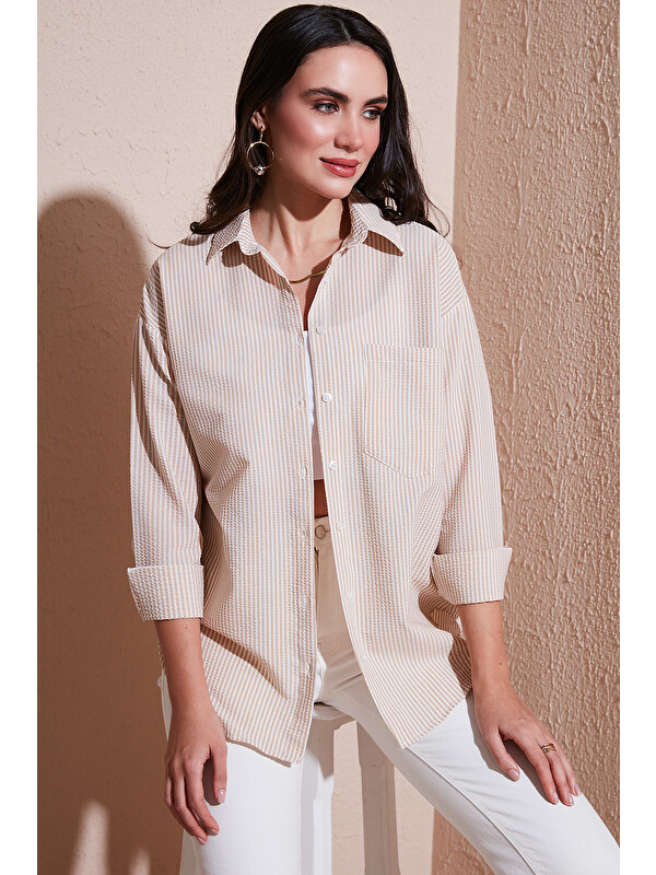 Lela Regular Fit Uzun Kollu Cepli Çizgili Kadın Gömlek 6772895