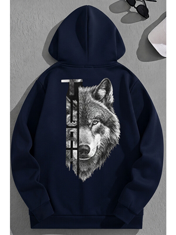 Trendseninle Unisex 3 İplik Pamuklu Lacivert TURKKURT Baskı Bol Kalıp Sweatshirt Hoodie