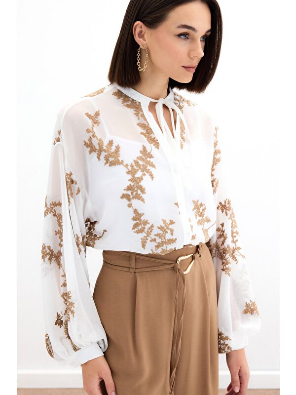 SATEEN Nakışlı Şifon Gömlek - Camel