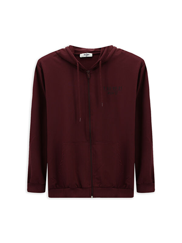 Kiğılı Kapüşonlu Regular Fit   Baskılı Pamuklu Büyük Beden Erkek Fermuarlı Sweatshirt Hırka