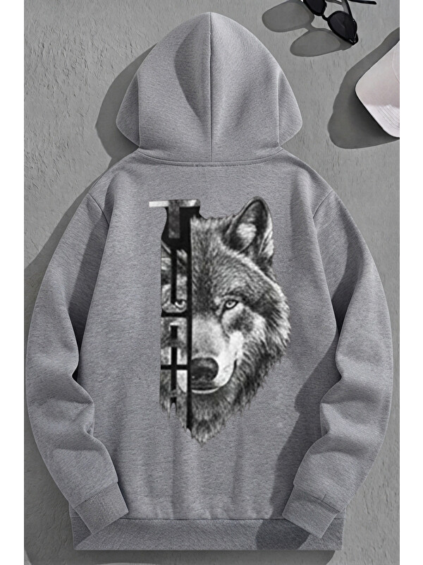 Trendseninle Unisex 3 İplik Pamuklu Gri TURKKURT Baskı Bol Kalıp Sweatshirt Hoodie