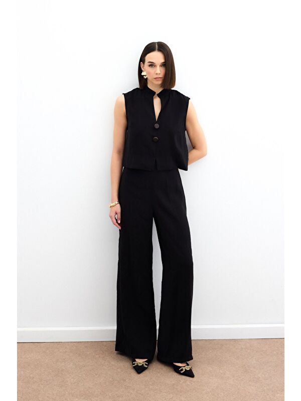 SATEEN Yüksek Bel Keten Pantolon - Siyah