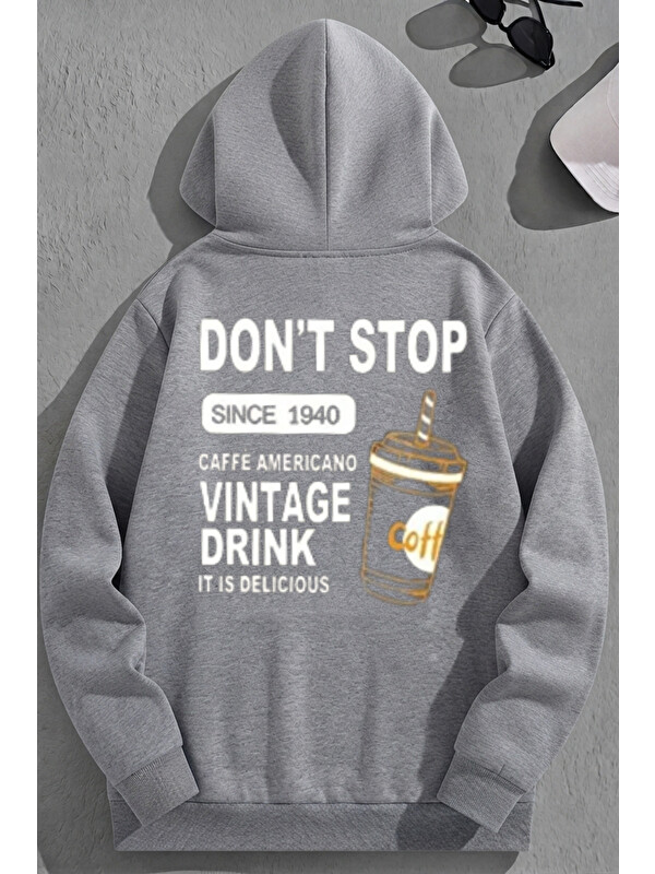 Trendseninle Unisex 3 İplik Pamuklu Gri VintageDrink Baskı Bol Kalıp Sweatshirt Hoodie