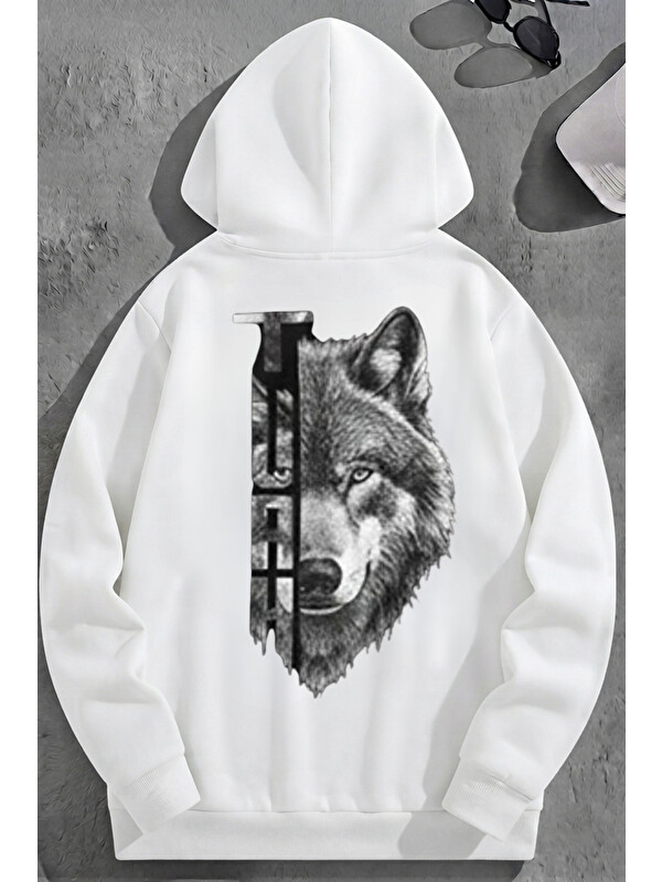 Trendseninle Unisex 3 İplik Pamuklu Beyaz TURKKURT Baskı Bol Kalıp Sweatshirt Hoodie
