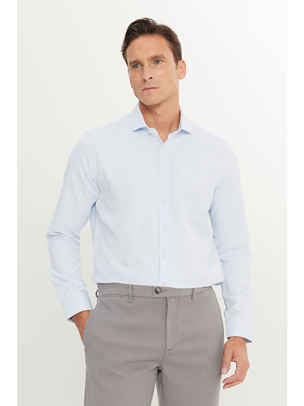 AC&Co / Altınyıldız Classics Erkek BEYAZ-MAVI Slim Fit Dar Kesim İtalyan Yaka Armürlü Pamuklu Basic Gömlek