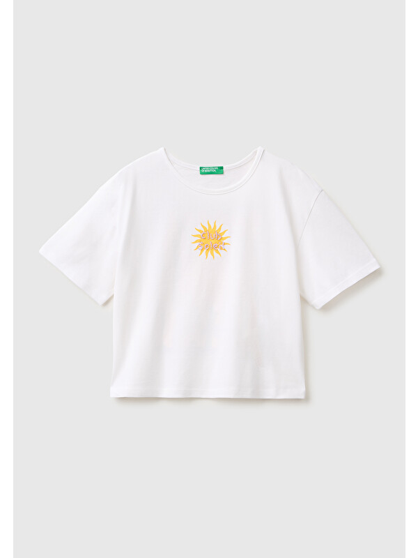 United Colors Of Benetton Kız Çocuk Beyaz Ön ve Arka Baskı Detaylı Geniş Yaka T-Shirt