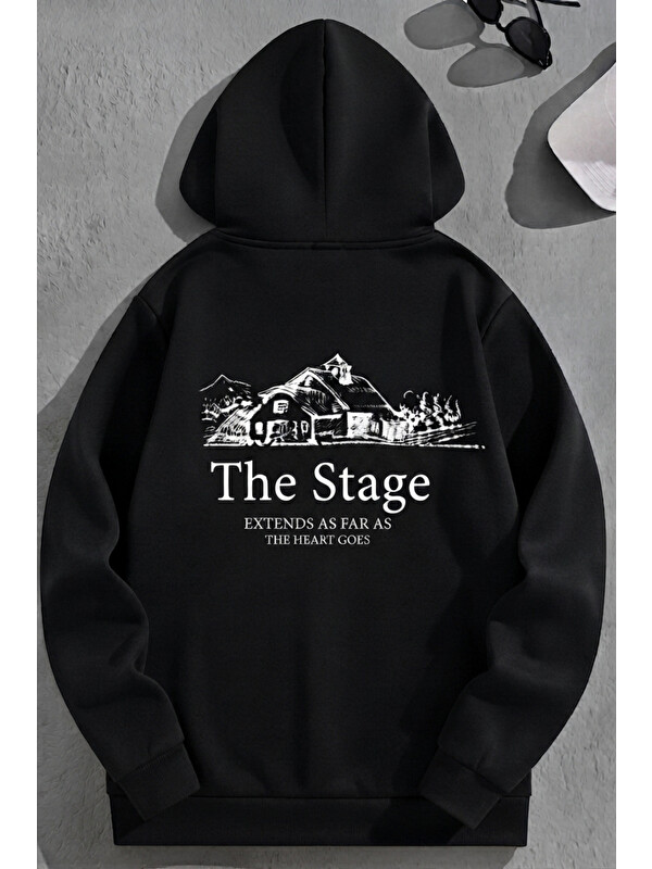 Trendseninle Unisex 3 İplik Pamuklu Siyah Bol Kalıp The Stage Baskı Sweatshirt Hoodie