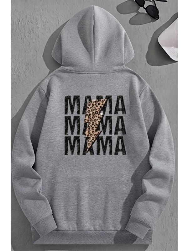 Trendseninle Unisex 3 İplik Pamuklu Gri TripleMama Baskı Bol Kalıp Sweatshirt Hoodie
