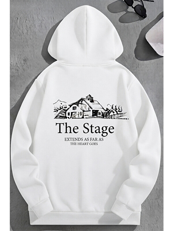 Trendseninle Unisex 3 İplik Pamuklu Beyaz Bol Kalıp The Stage Baskı Sweatshirt Hoodie